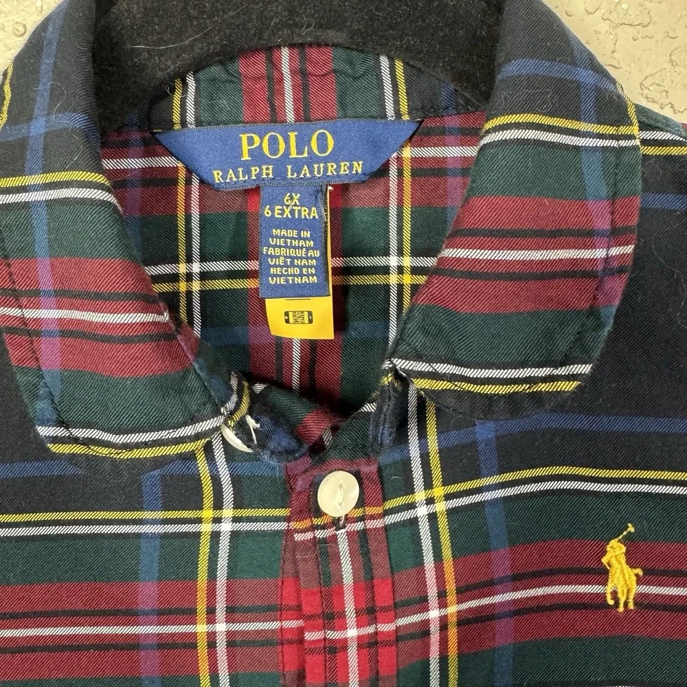 Polo Ralph Lauren Girls Plaid Shirt Dress Red Blue Tartan Size 6X Holiday Xmas
